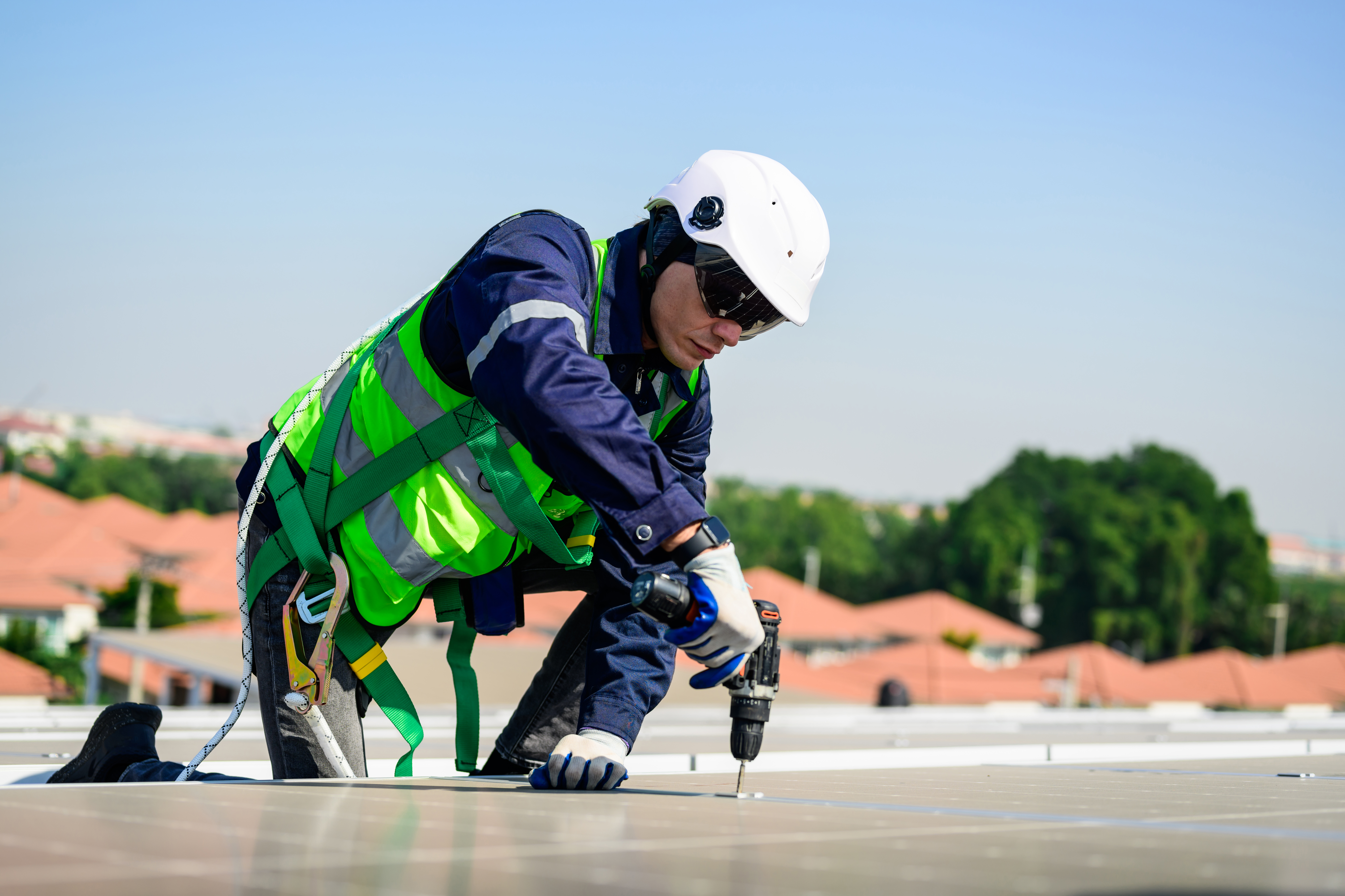 Professional engineer technician with safety helmet checking system
